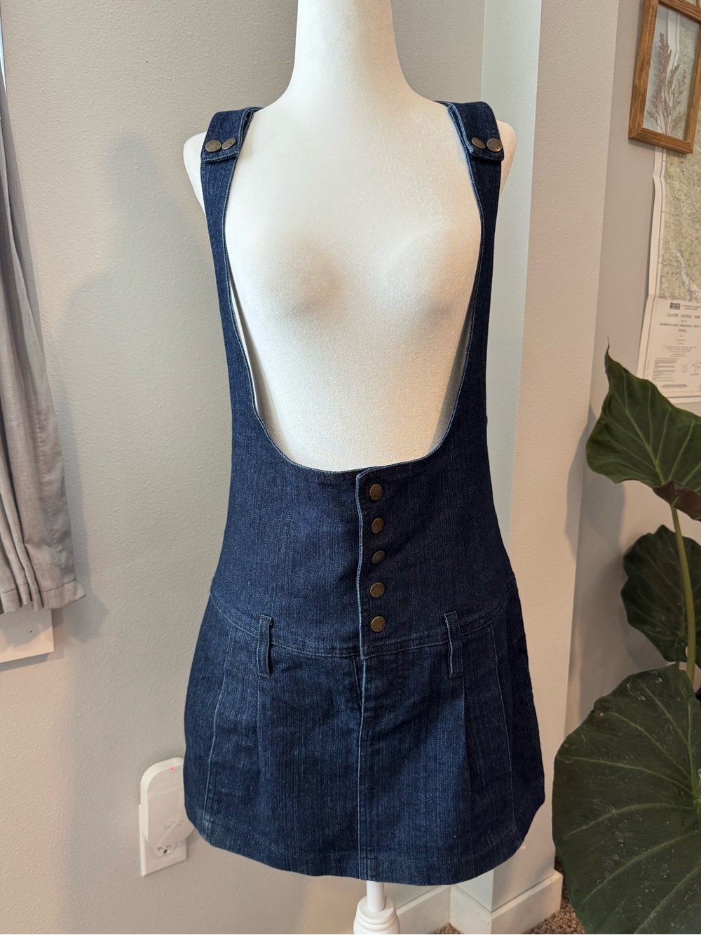 Y2K VTG MaxRave dark blue navy denim suspender pinafore mini dress size large